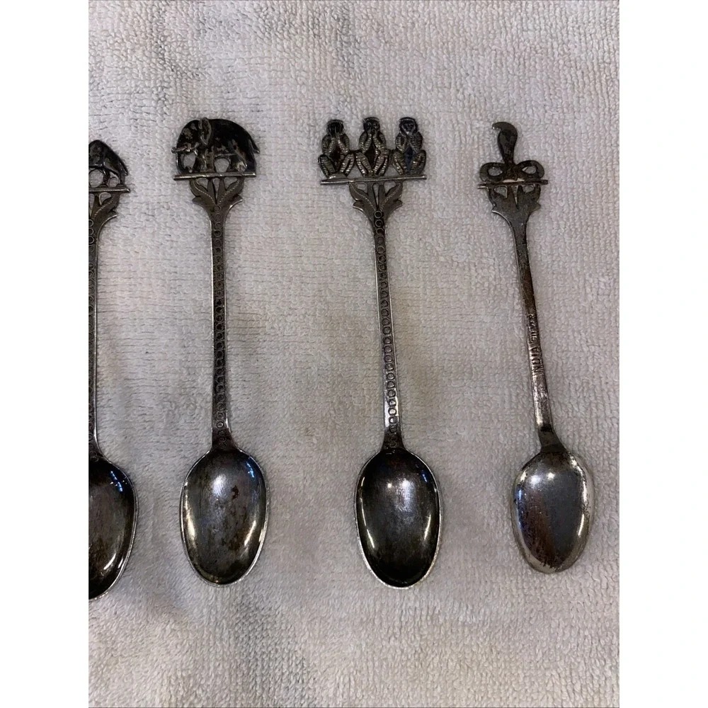 Set Of 5 Mini Spoons India Silver Camel Snake Charmer Monkeys Elephant Cobra